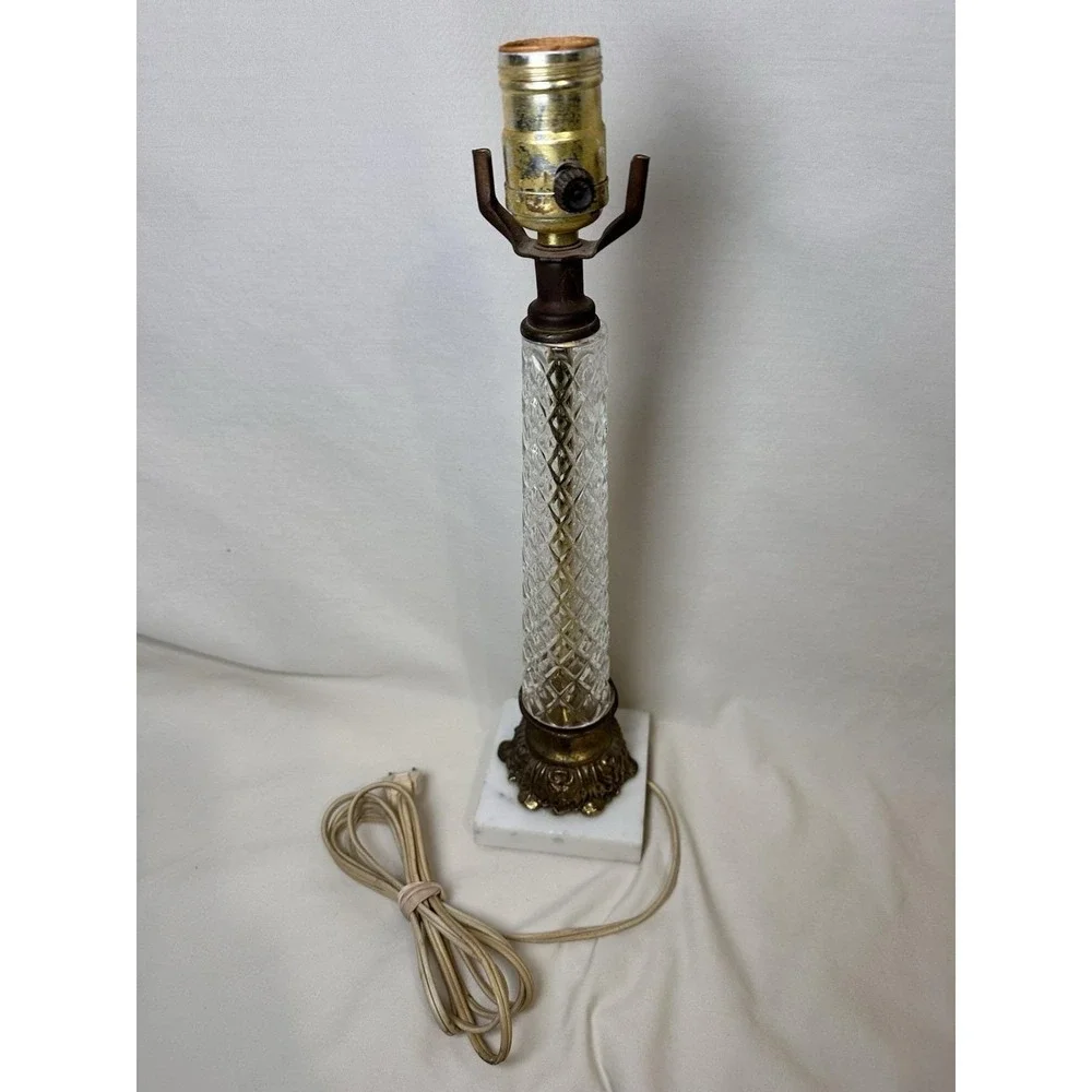 Vintage Glass Column Lamp White Marble Base Brass Hollywood Regency 15